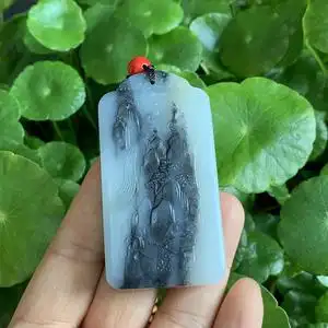 雪倪b22530和田玉(墨玉)籽料青花仿古山水意境牌吊坠挂件细腻油润