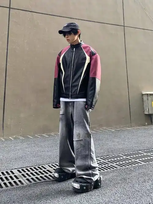 美式复古拼接撞色皮衣夹克男女春秋新款潮牌嘻哈设计感机车服外套