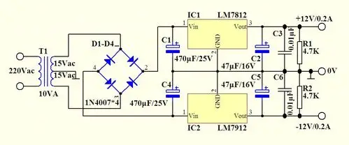 怎么用一个双电源 两个7812 得到稳压后 正负双12伏 给运放供电?