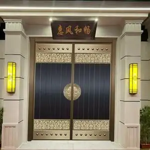 新中式别墅大门家用入户纯铜门不锈钢铸铝对开门锌合金农村庭院门