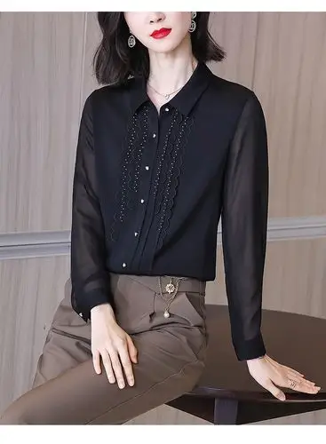 派仕丹(paishidan)轻奢定制黑色真丝衬衫女欧货2021春季新款百搭洋气