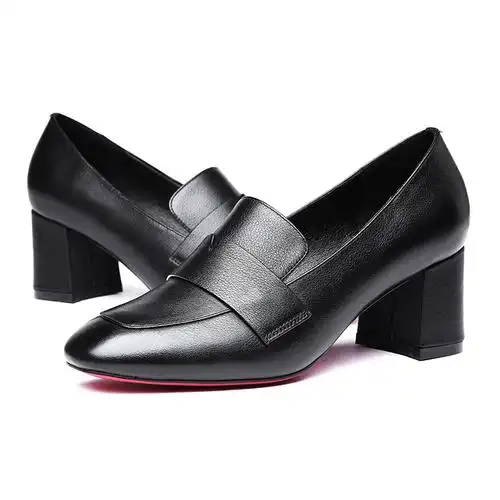 红蜻蜓女鞋正品真皮英伦风软皮单鞋女粗跟百搭浅口方头皮鞋