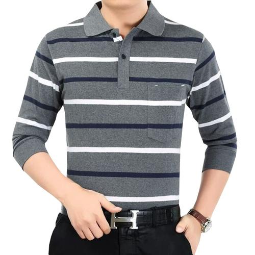 长袖上衣春秋季t恤翻领条纹polo衫宽松大码男士纯棉体恤中年男装
