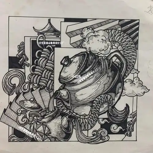 鲁美设计Ι黑白装饰画Ι传统文化题目Ι茶壶