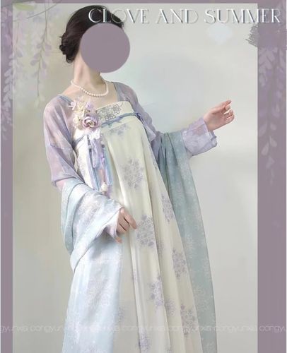 zhouyouyang原创汉服女【天水碧】唐制一片式齐胸破裙坦领上衣披帛薄