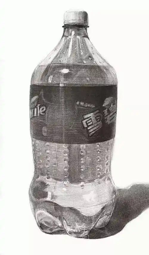 雪碧瓶的画法可以借鉴玻璃的画法,首先必须把外形,透视刻画准确,然后