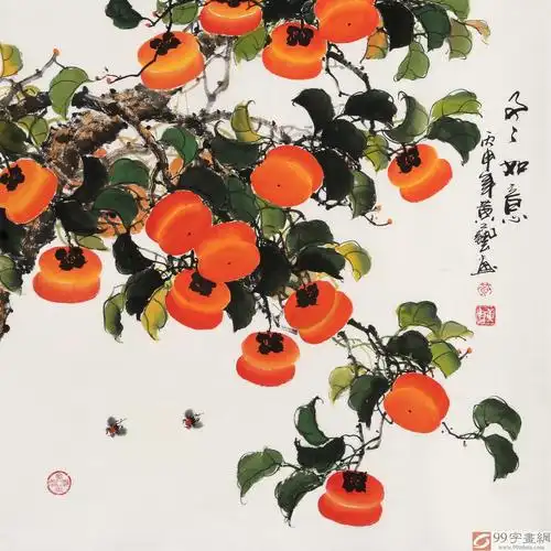 四尺斗方吉利国画《事事如意》 - 柿柿如意 - 99字画网