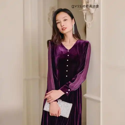 进口柔垂弹力金丝绒连衣裙##高端女装  #高诗婕秋装新品  @福安东百城