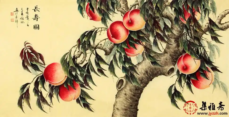 张琳四尺横幅国画寿桃作品《长寿图》_工笔花鸟画_花鸟画_集雅斋