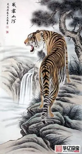 老虎图商品名称:装饰送礼 肖亚威六尺竖幅动物画工笔上山虎《威震山河