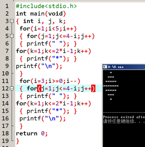 c语言打印菱形求解,标记的部分为什么要写成k=5,而不是k=1再  ?