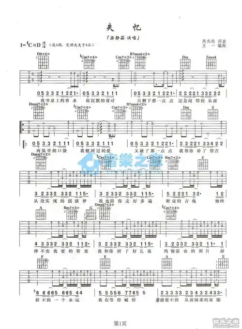 失忆吉他谱梁静茹a调吉他图片谱2张