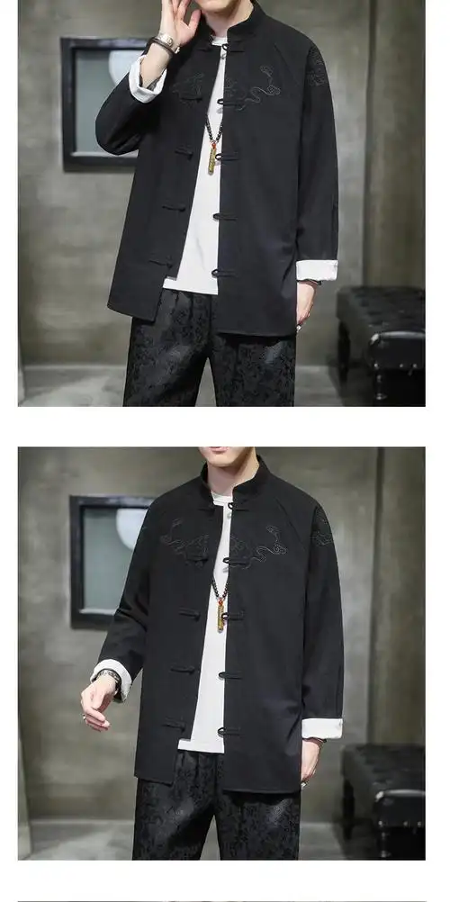 亚麻布外套男潮牌复古唐装古风仙气汉服刺绣中山装中国风棉麻夹克
