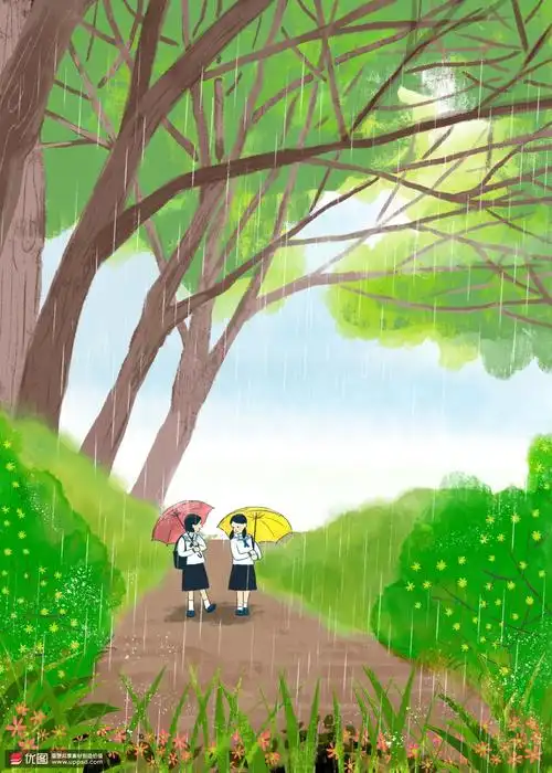 同学少年雨中漫步春天赏雨春雨风景插画