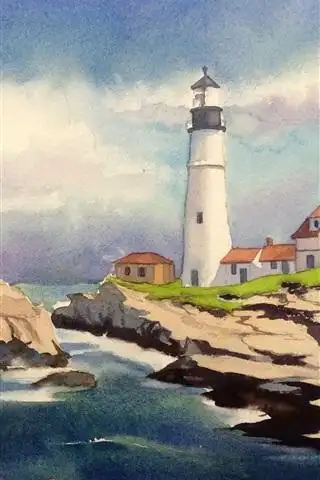 灯塔,海,海岸,水彩画