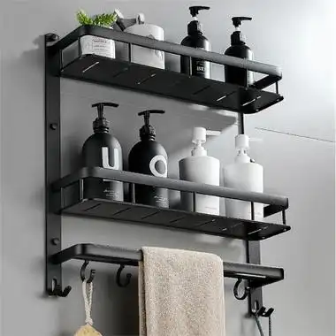 月亮喵浴室置物架免打孔太空铝黑色卫生间毛巾架双层洗澡间卫浴壁挂