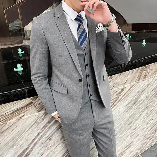 孟康mengkang休闲西服套装男潮流帅气职业正装三件套修身韩版新郎结婚