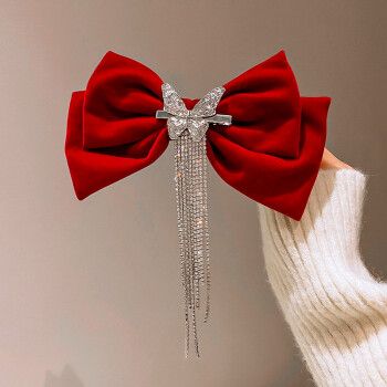 复古大蝴蝶结丝绒头饰发夹后脑勺可拆分水钻流苏布艺弹簧夹发饰女红色