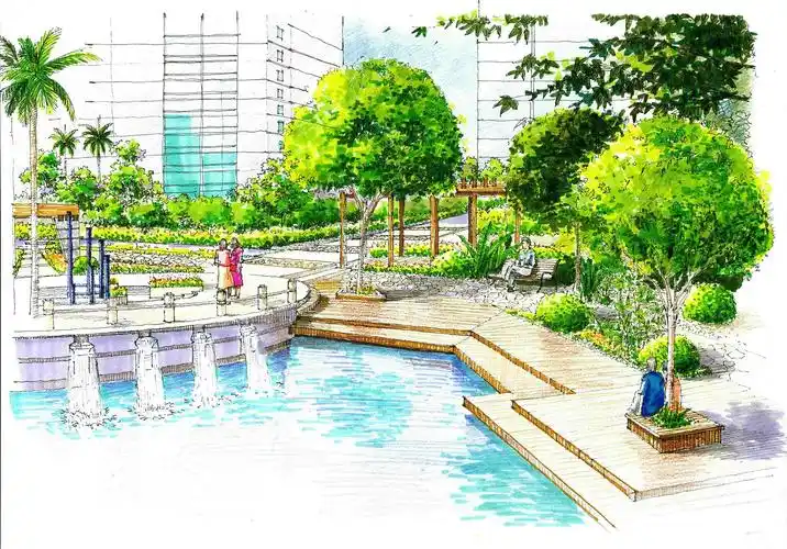 公园喷泉景观手绘效果图