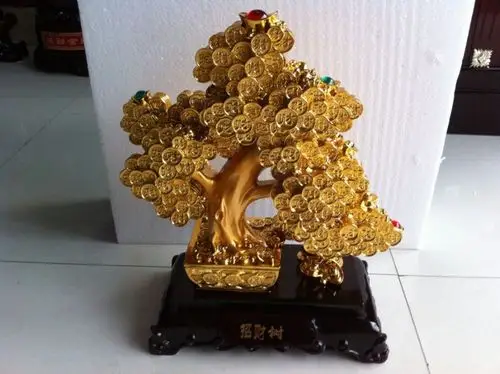 金色发财树新款摇钱树 招财树脂工艺品装饰摆件 办公家居开业礼品