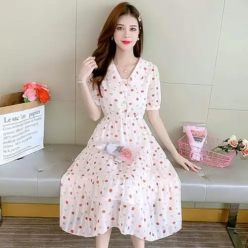 娃娃领法式复古气质收腰显瘦雪纺裙子仙女波点连衣裙女夏2022新款