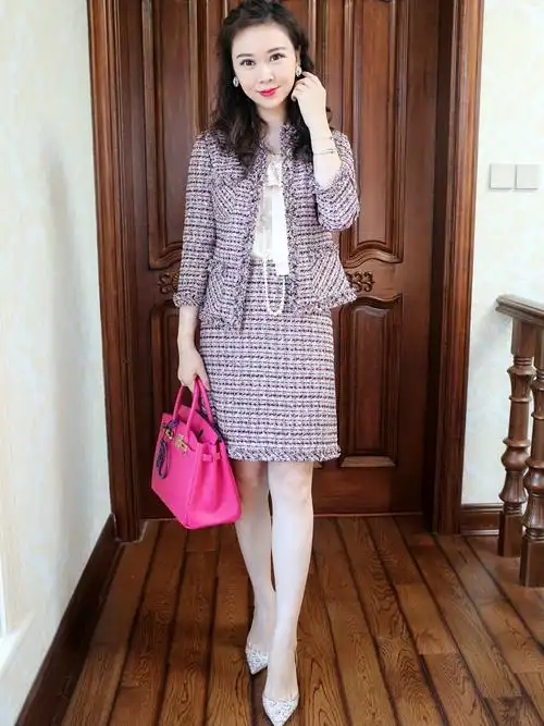 粗花呢套装配爱马仕鸵鸟皮bk30粉色_爱马仕怎么样_香奈儿怎么样_春天