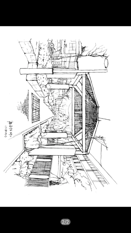 一点透视的小区亭子 手绘线稿