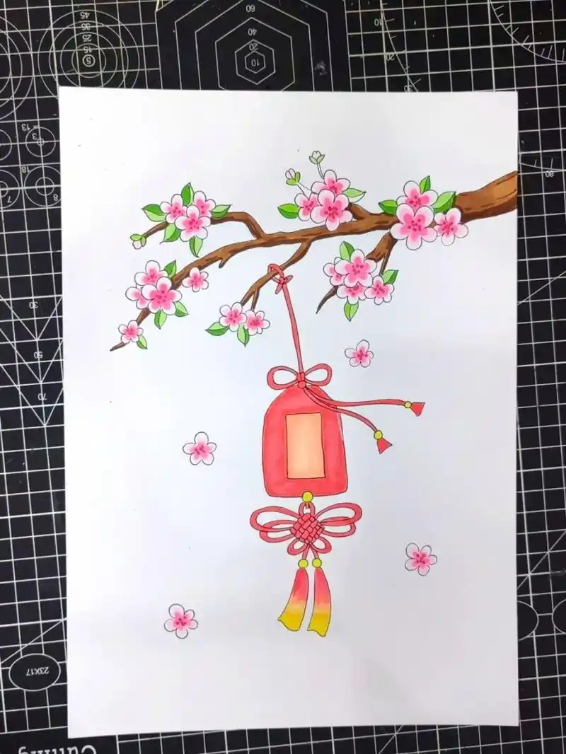 桃花朵朵开 #画画# #零基础学画画# #马克笔绘画# #新年插画