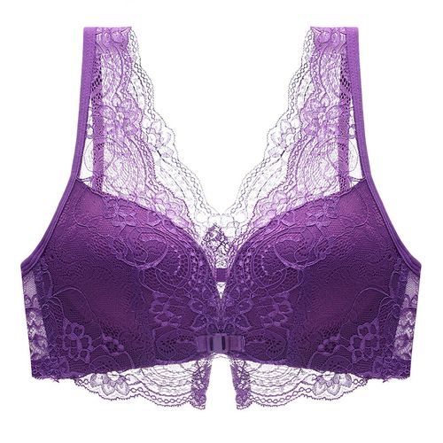 内衣女前扣小文胸罩大码无钢圈聚拢收副乳防下垂蕾丝性感套装 紫色