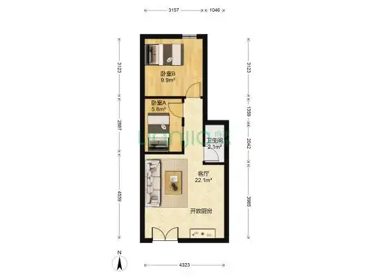 惠苑楼 2室1厅1卫 50平方卧室a5.85平米无无窗卧室b9.