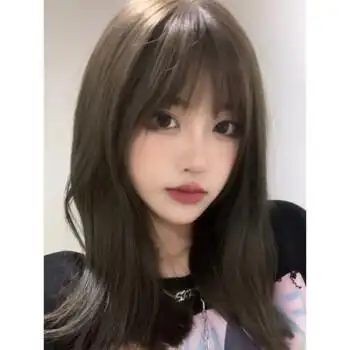 假发女中长发齐刘海长直发逼真自然日系初恋齐肩锁骨发全头套 米白色
