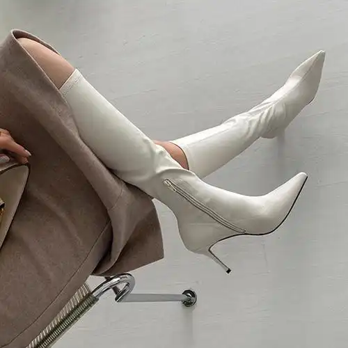 尖头细跟白色长靴女2021新款弹力高筒瘦瘦靴不过膝长筒靴高跟性感