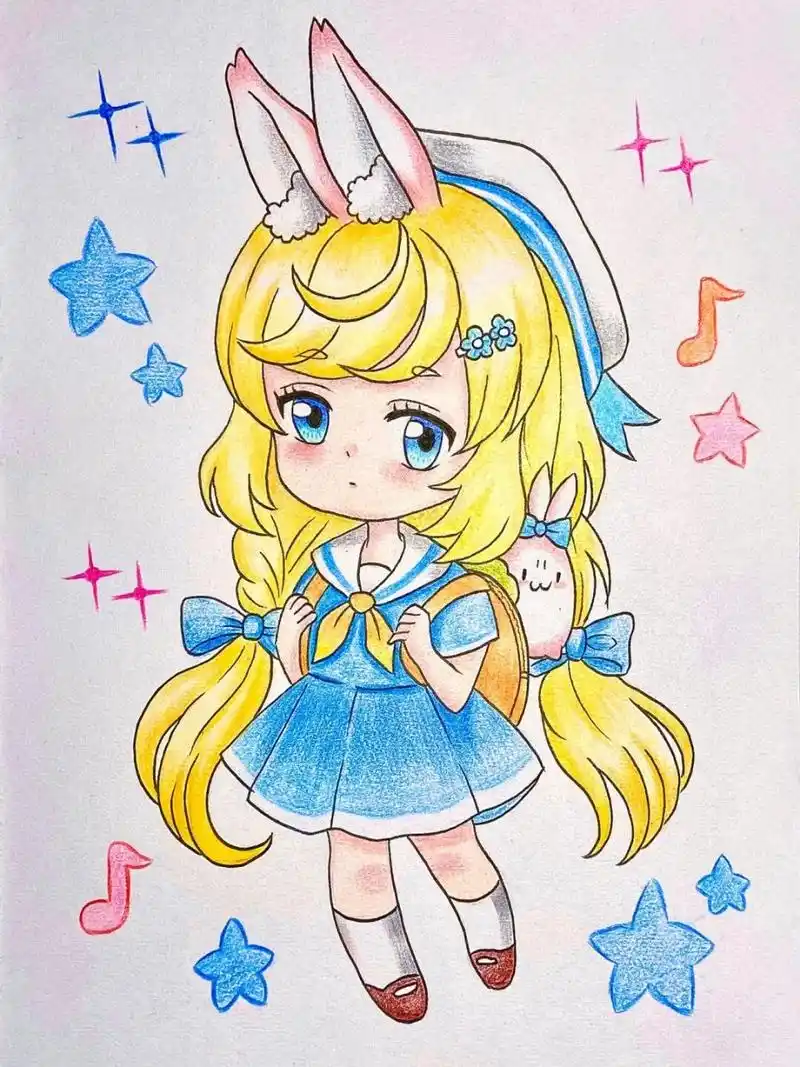 【小兔女孩92】彩铅漫画人物q版简单儿童画 96:线稿图在后面哦