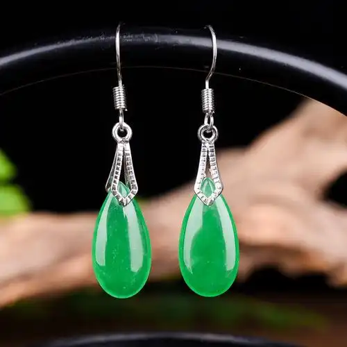 耳饰耳环缅甸翡翠菠菜绿水水滴耳坠女长款镶嵌耳环