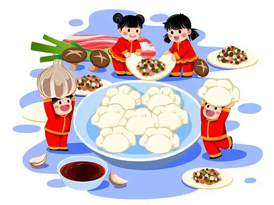 手绘冬至一家人在一起吃饺子包饺子插画冬至食物元素冬至冬至食物元素