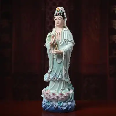 家用七珍彩绘立荷观音菩萨青衣陶瓷佛像吋观世音居家供奉装饰摆件