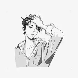 型男撩头发男孩手绘黑白卡通插画图