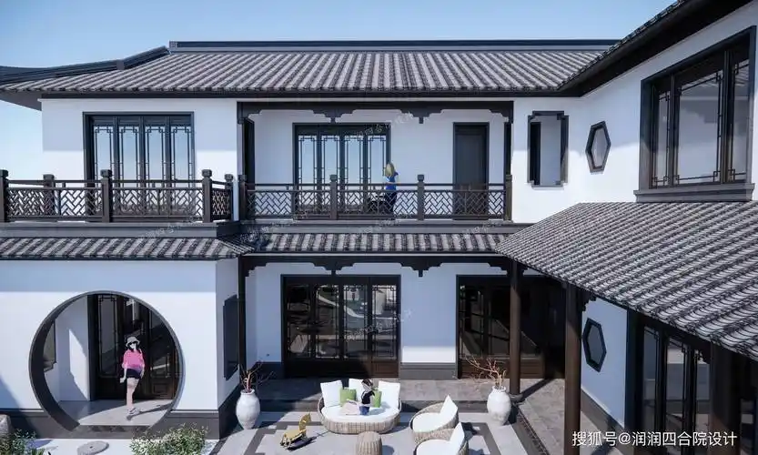 150平户型江南园林风格两层中式合院别墅小房子大院子润润四合院设计