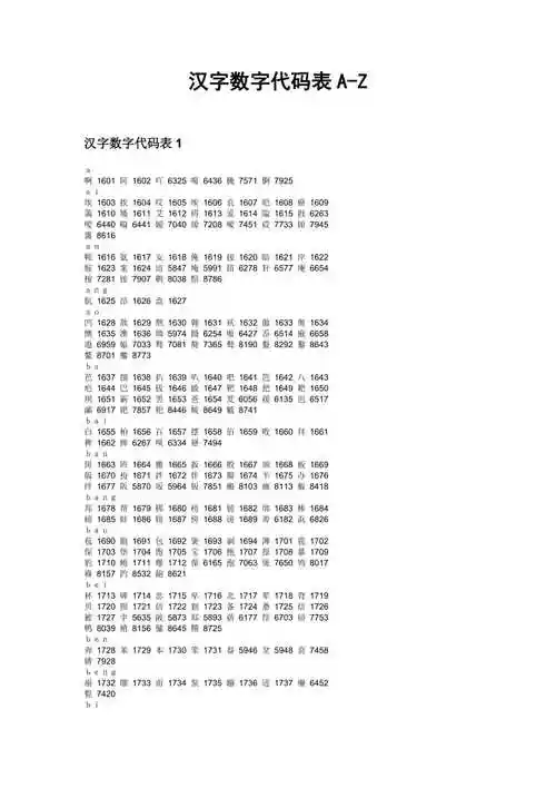 2020汉字数字代码表az