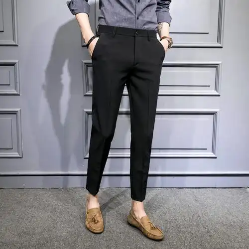 yuansu男士黑色休闲裤九分裤商务韩版潮流修身小脚弹力上班9分免烫