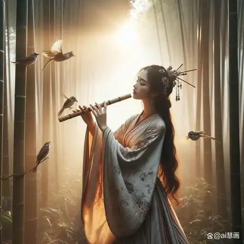 在晨曦微露的竹林间,一位美女身着淡雅的古装,轻柔抚弄着竹笛.