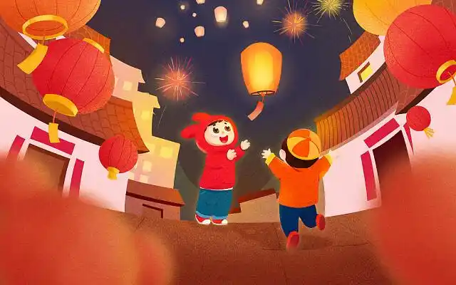 兔年小朋友放灯笼看灯展氛围场景插画新年家门口拜年场景氛围插画兔年