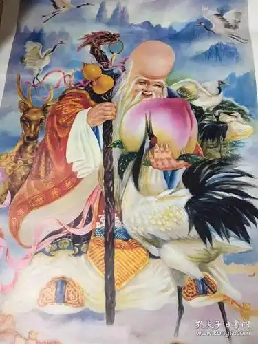 年画鹿鹤福寿寿星仙鹤寿桃