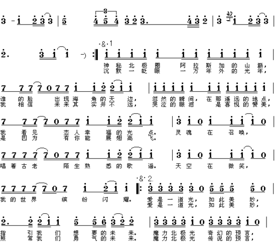 欧若拉(施立词 李天龙曲 简谱)简谱歌谱 下载