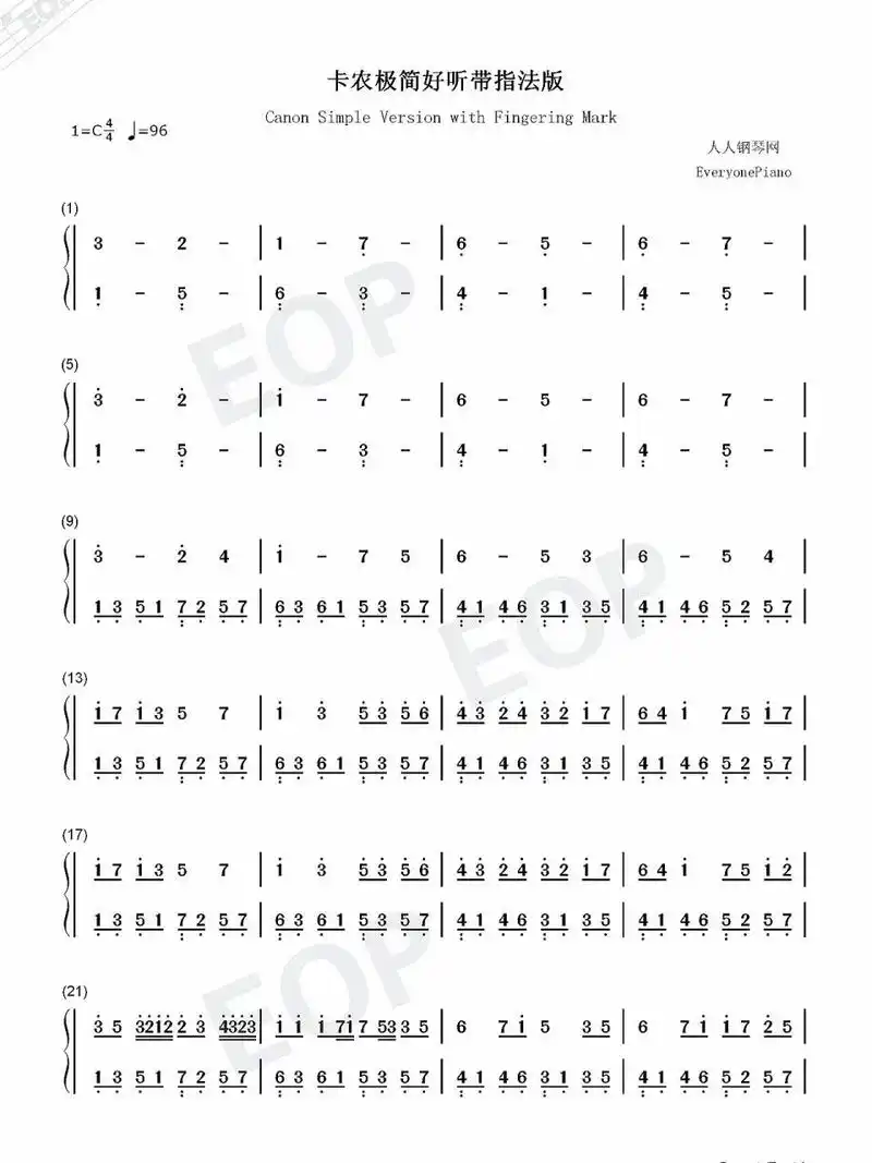 《卡农》c大调极简版双手简谱分享78