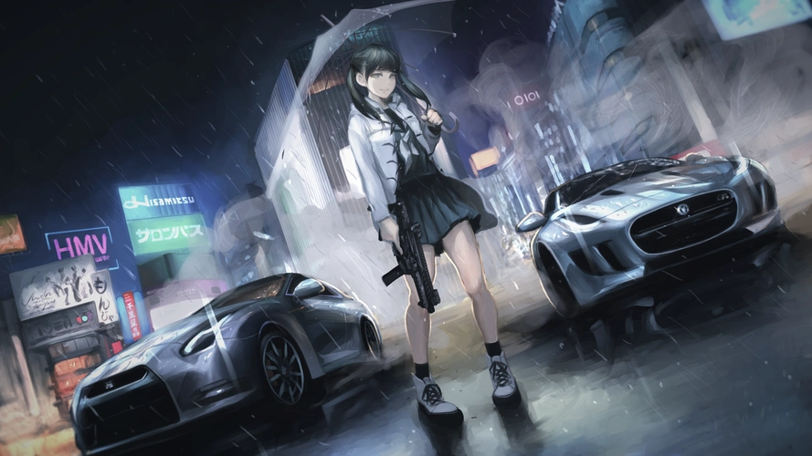 摩托车,汽车,original characters,anime girls,umbrella,car,壁纸