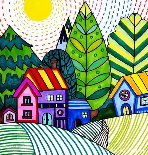 儿童画教程|水彩笔绘画的色彩装饰练习《诗情画意的小村庄》