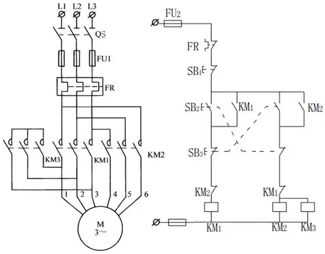 机调速控制电路中,若km2和km3同时得电高速运行时,电机定子绕组采用