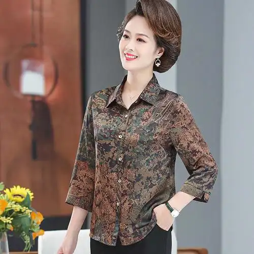 中老年女装妈妈桑蚕丝衬衣真丝衬衫长袖春夏真丝宽松大码上衣t恤