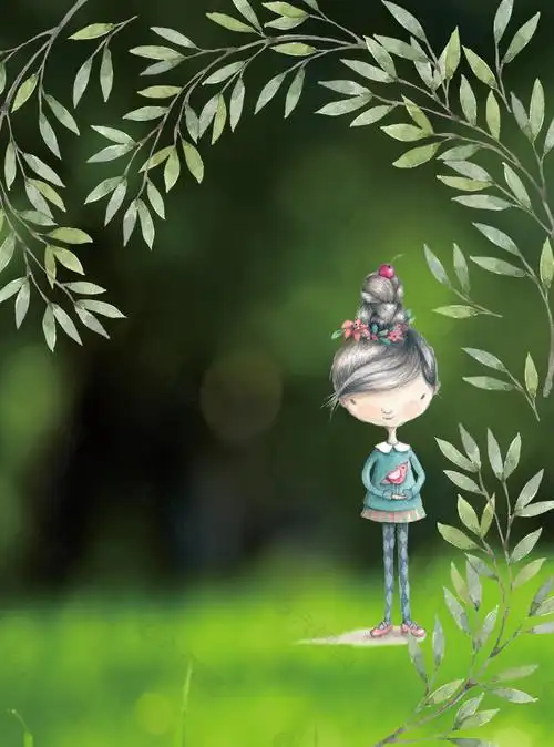 动漫女孩树叶妖娆绿色背景素材